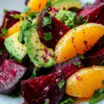 Roasted beet orange avocado salad served on a ceramic plate