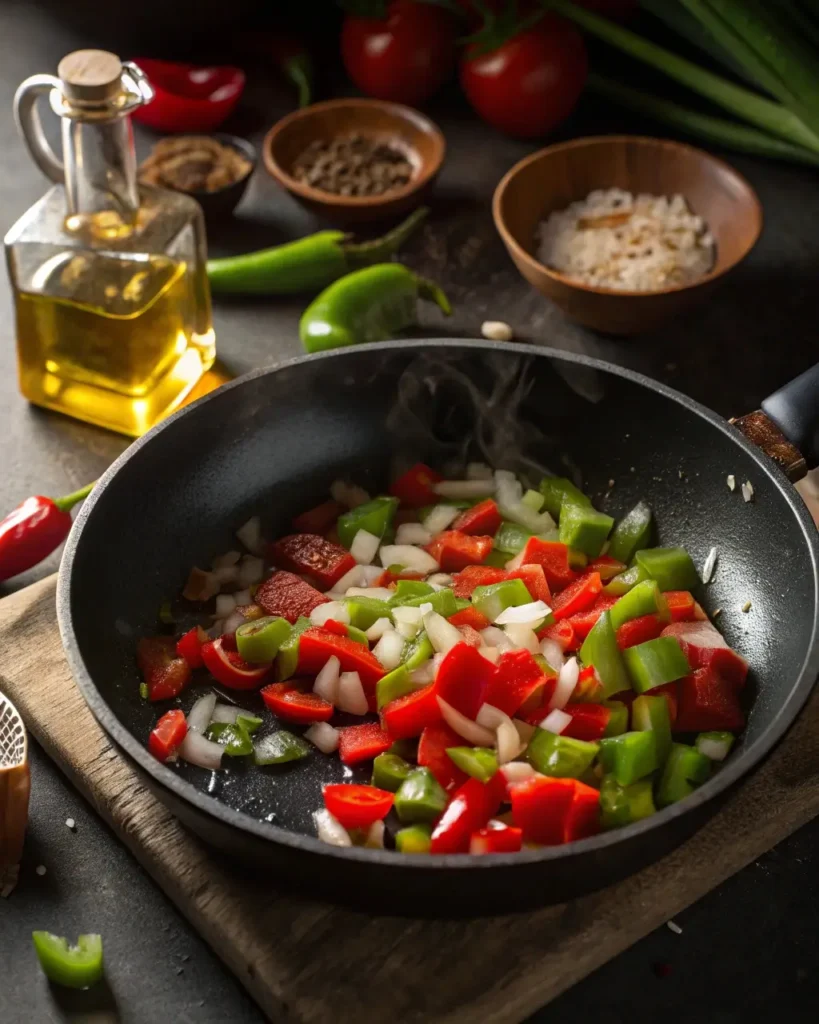 Sautéing bell peppers and onions for Cajun Chicken Sloppy Joes