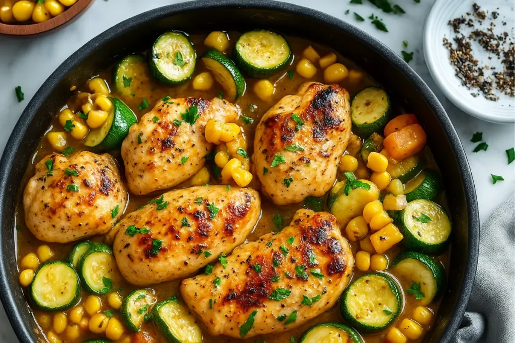Savory Garlic Butter Chicken with Zucchini and Corn in Skillet