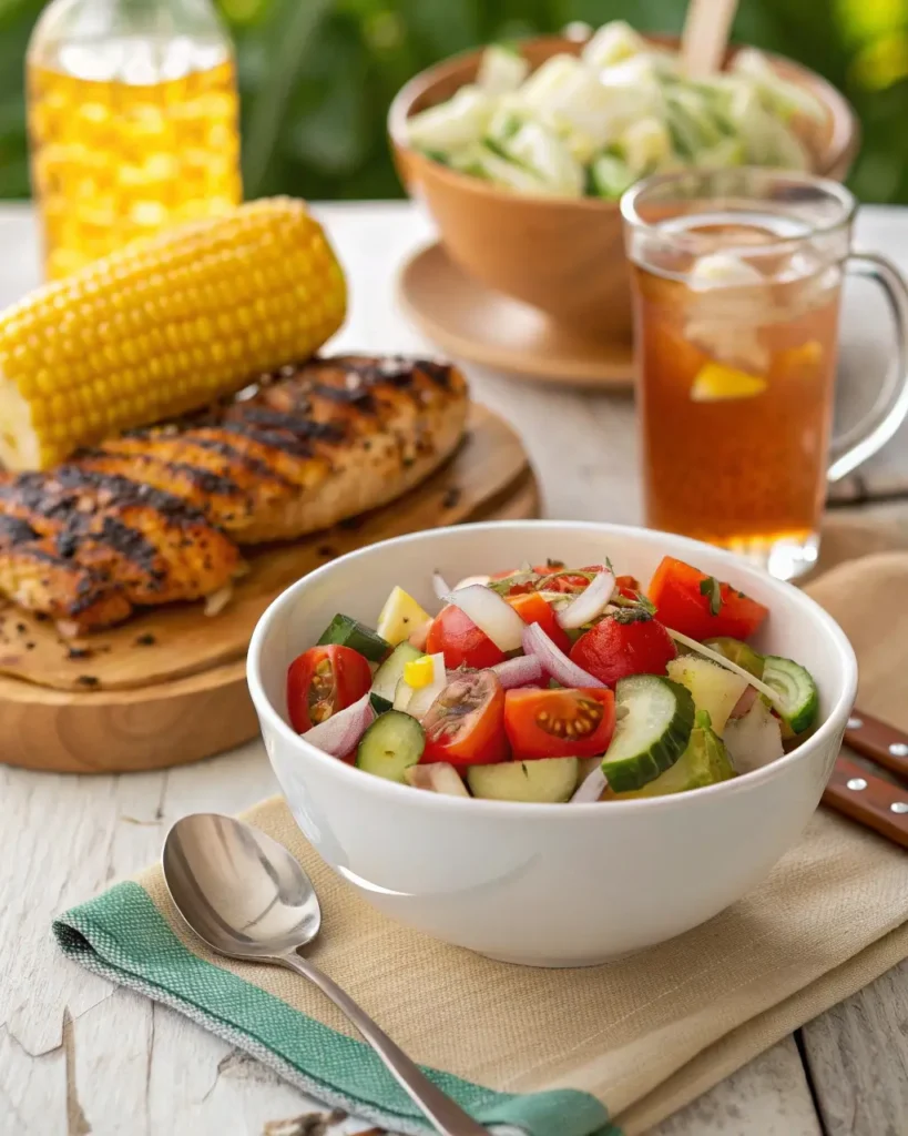 Serving marinated cucumbers, onions and tomatoes with grilled summer dishes