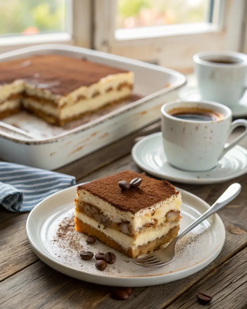 Serving the best tiramisu recipe with cocoa-dusted layers