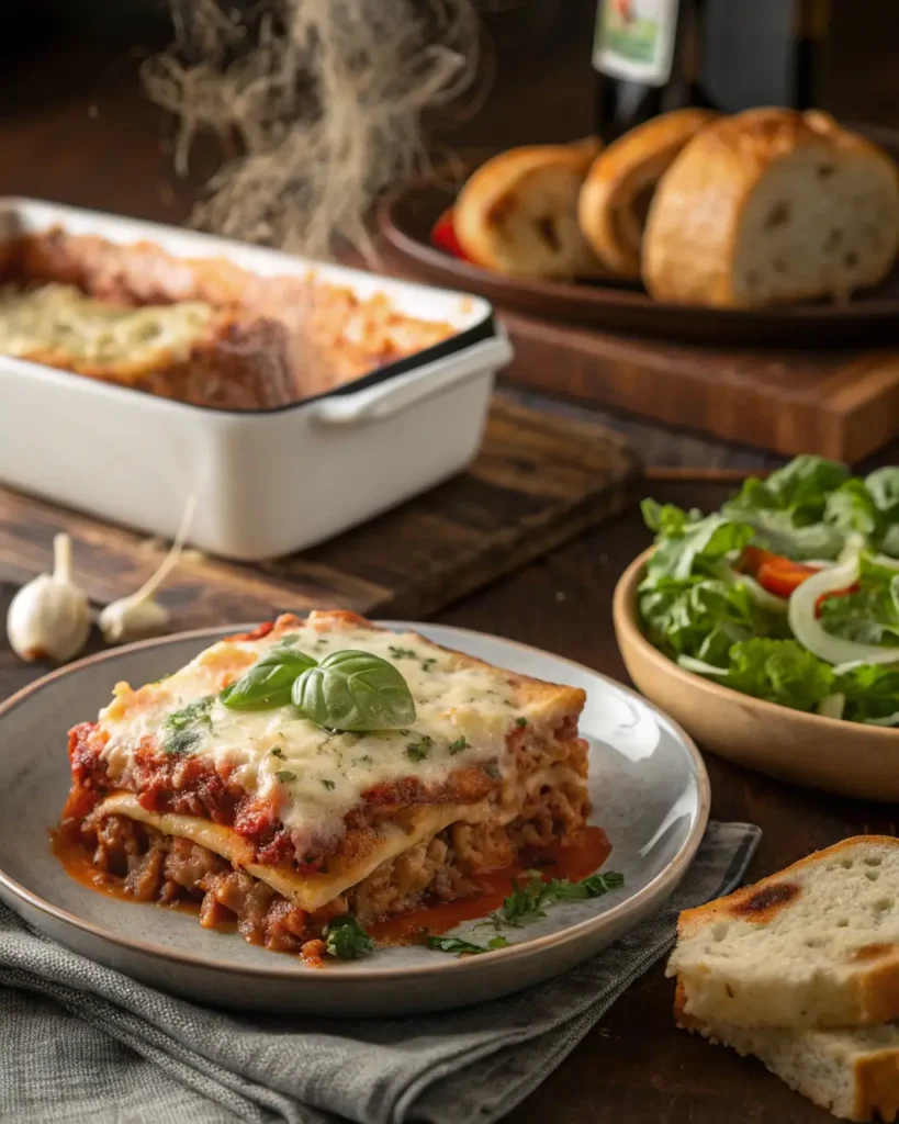 Slice of classic homemade lasagna served with Caesar salad and garlic bread