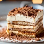 Slice of the best tiramisu recipe with cocoa dusting