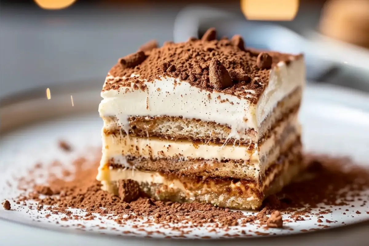Slice of the best tiramisu recipe with cocoa dusting