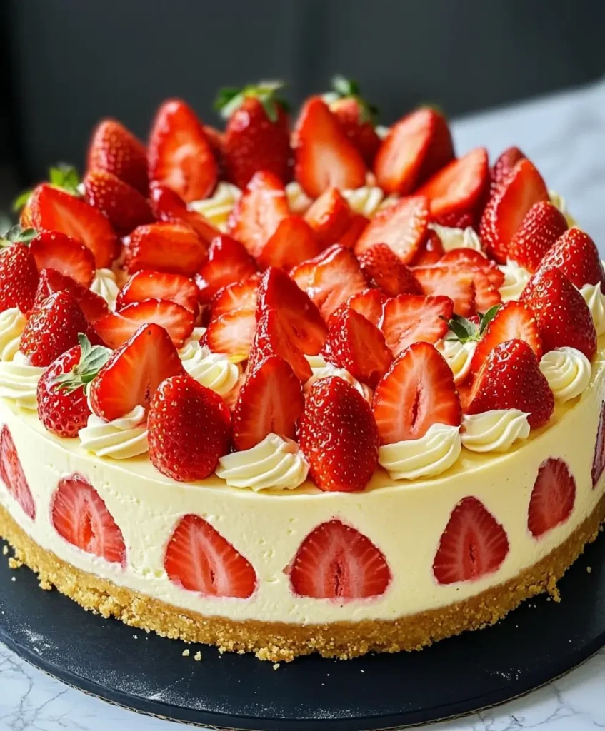 Slicing strawberry cheesecake with white chocolate swirls