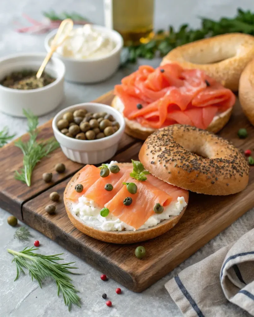 Smoked salmon dry brine served on a brunch board