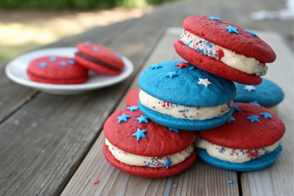 Stack of Patriotic Whoopie Pies with creamy marshmallow filling on rustic table