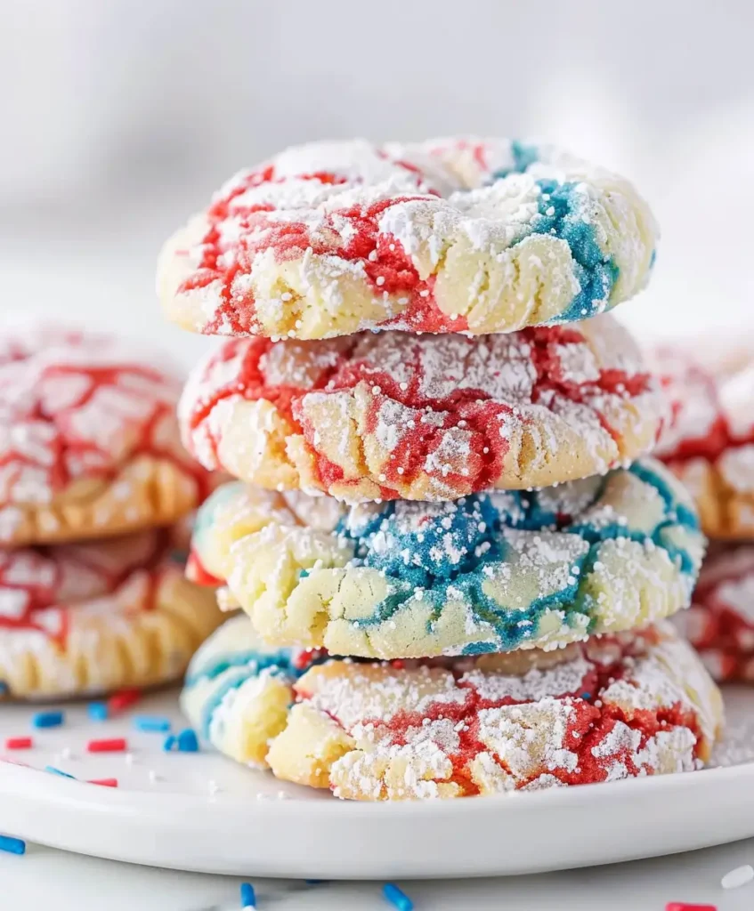 Stack of red white and blue crinkle cookies dusted with powdered sugar