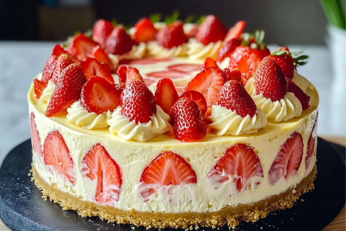 Strawberry Cheesecake with White Chocolate Swirls close-up