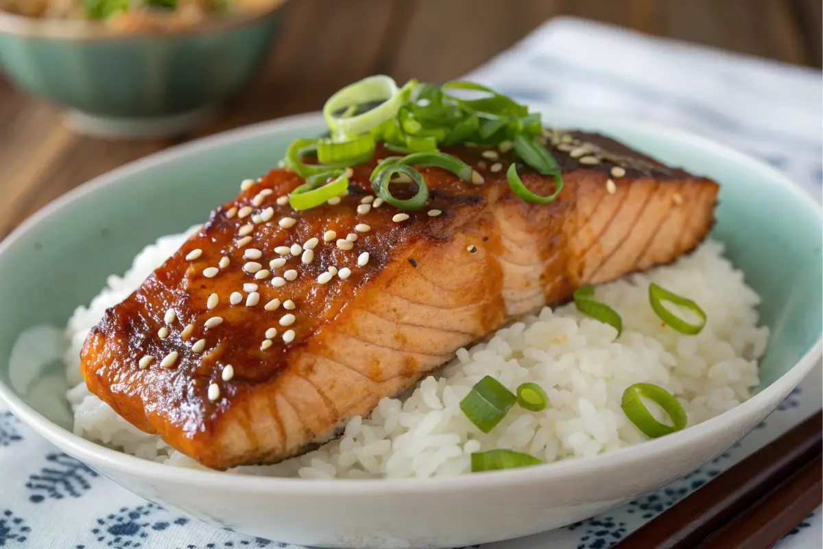 Teriyaki salmon and rice recipe with sesame garnish