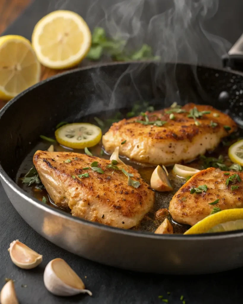 Thin chicken breast searing in skillet with lemon