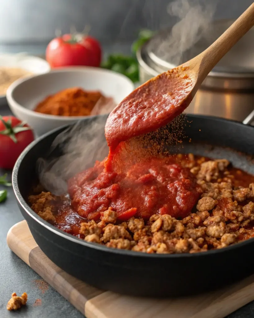 Tomato paste and Cajun seasoning added to ground chicken
