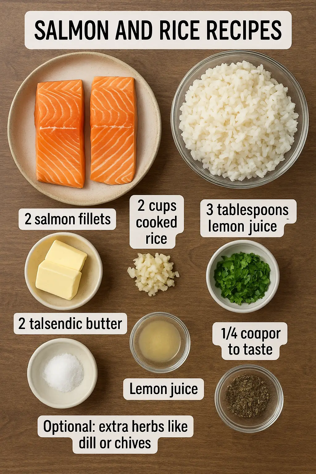 Top view of salmon and rice recipes ingredients including salmon fillets, cooked rice, lemon juice, butter, garlic, herbs, and seasonings.