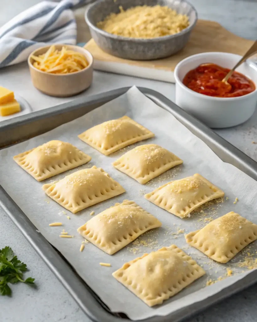 Unbaked cheeseburger pockets arranged for freezing