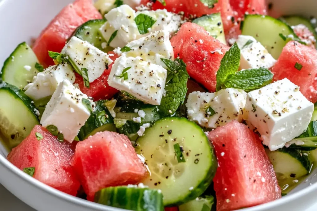 Watermelon Cucumber Feta Salad in a bowl with mint and lime