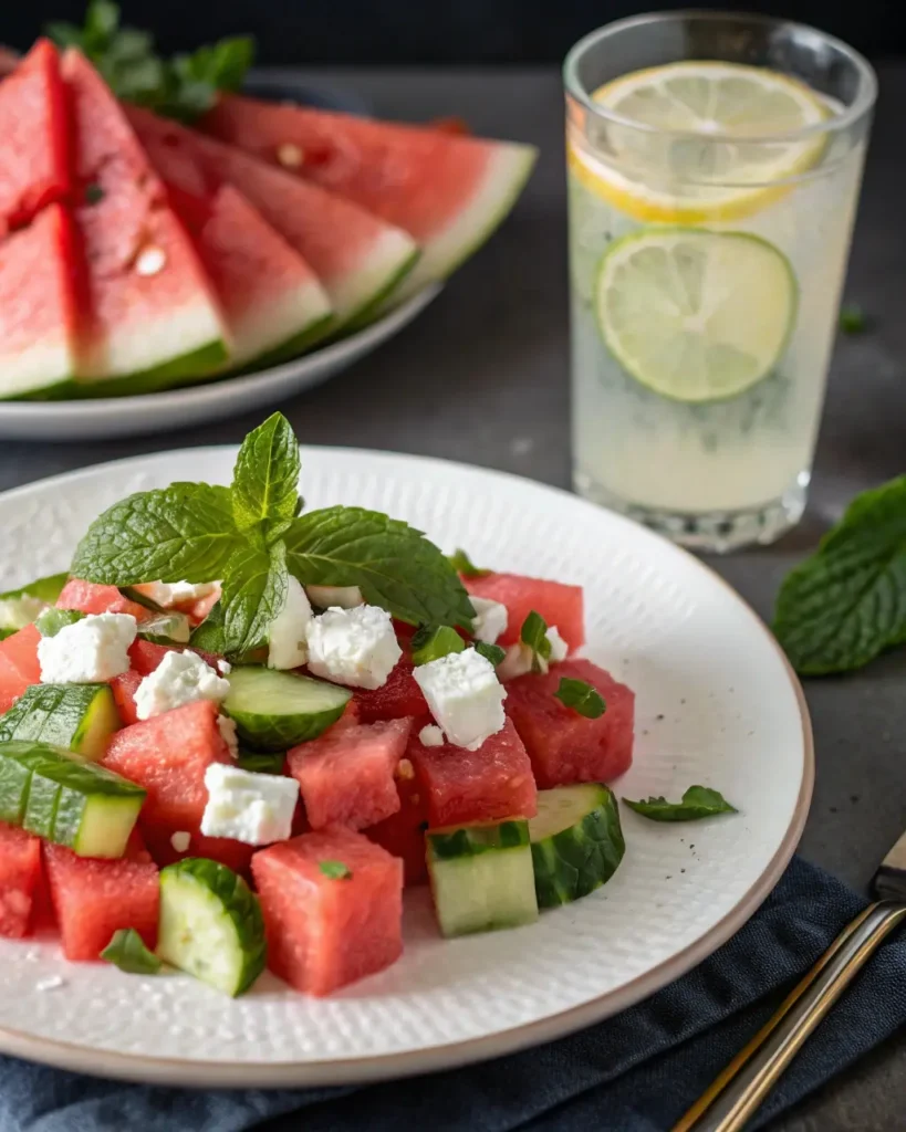 Watermelon Cucumber Feta Salad served with lemonade