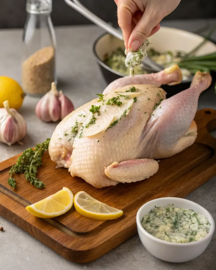 applying herb butter under chicken skin