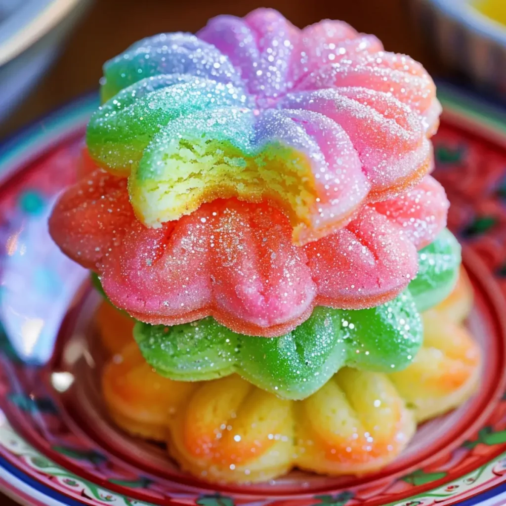 colorful rainbow jello sugar cookies stacked on plate