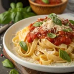 cooked homemade pasta with tomato basil sauce