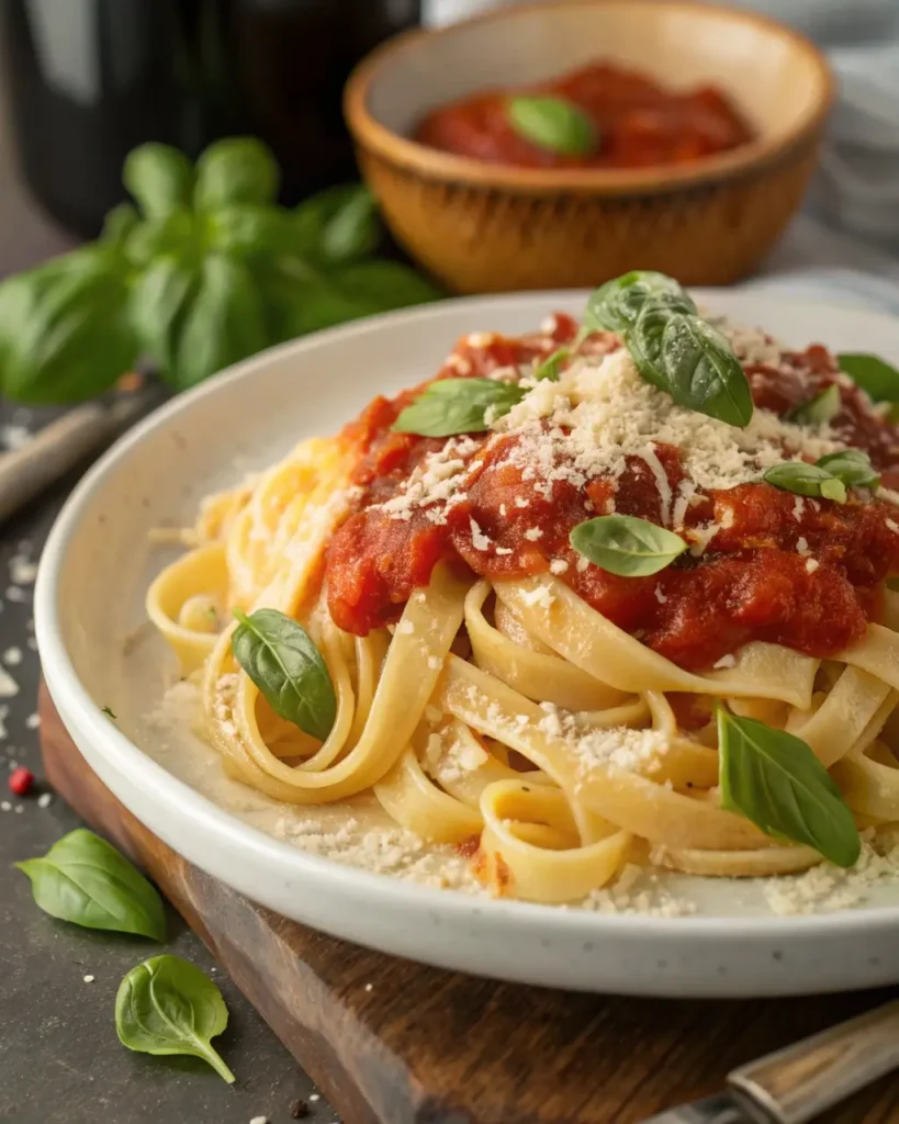 cooked homemade pasta with tomato basil sauce
