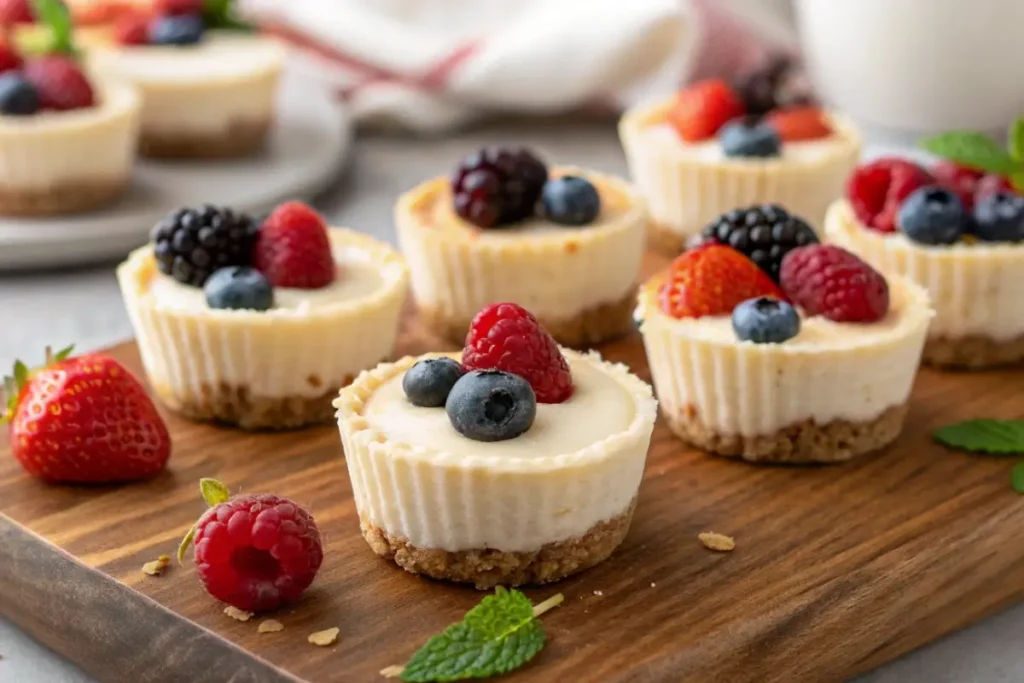 easy no-bake cheesecake bites with berries on wooden board