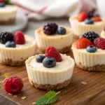 easy no-bake cheesecake bites with berries on wooden board