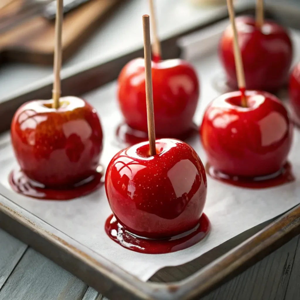 glossy red candy apples on tray
