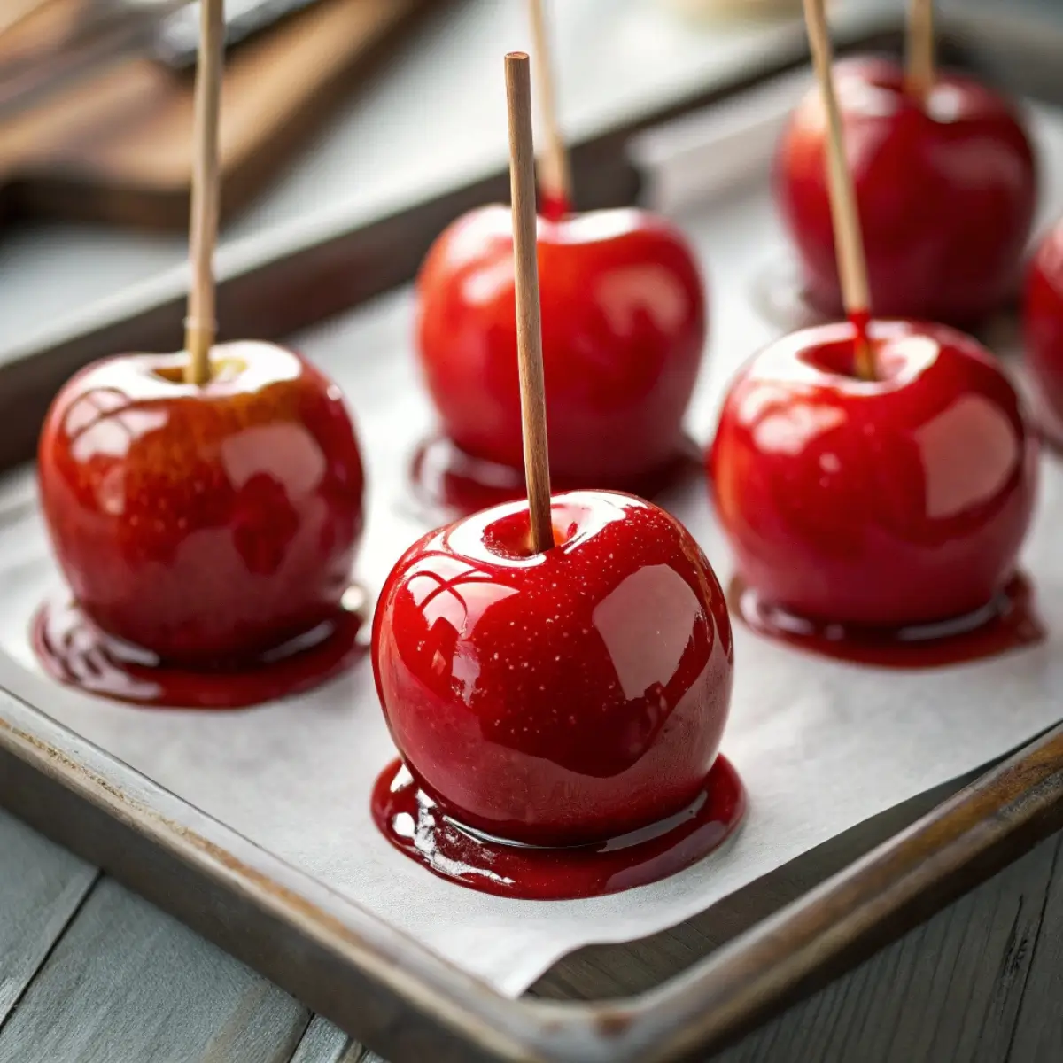 glossy red candy apples on tray