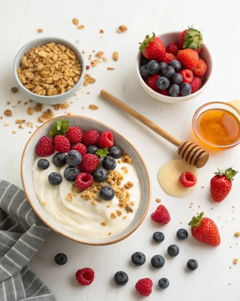 ingredients for mixed berry frozen yogurt bites with granola