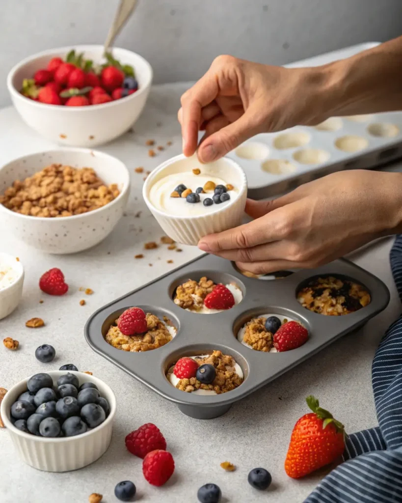layering yogurt and granola with berries