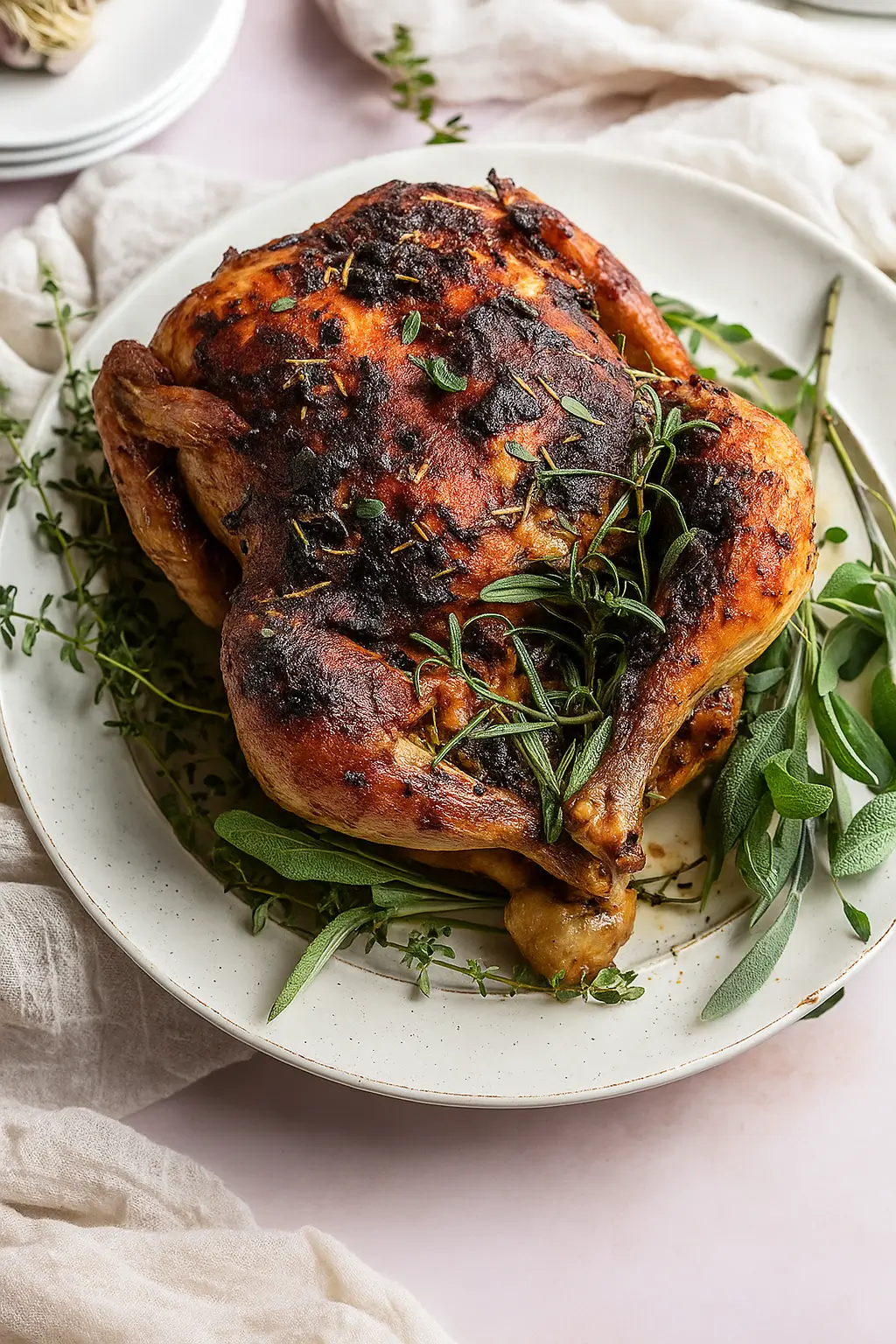 plated garlic herb roasted chicken with sides
