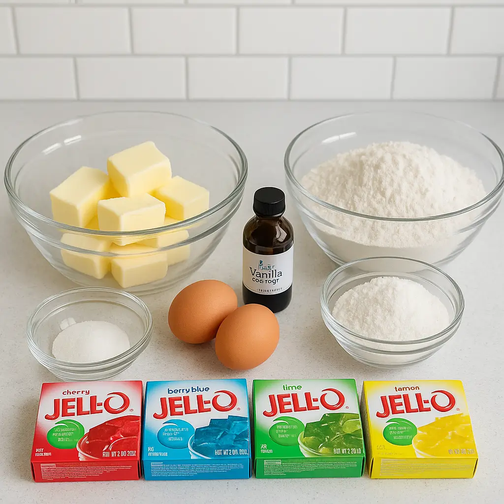 rainbow jello sugar cookie ingredients on kitchen counter