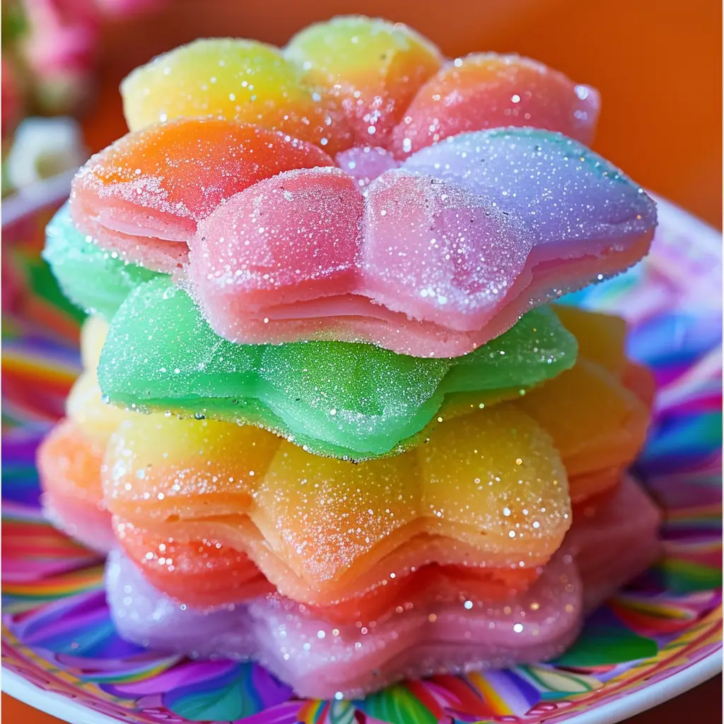 rainbow sugar cookies on dessert platter with fruit