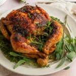 roasted chicken with garlic and herbs in pan