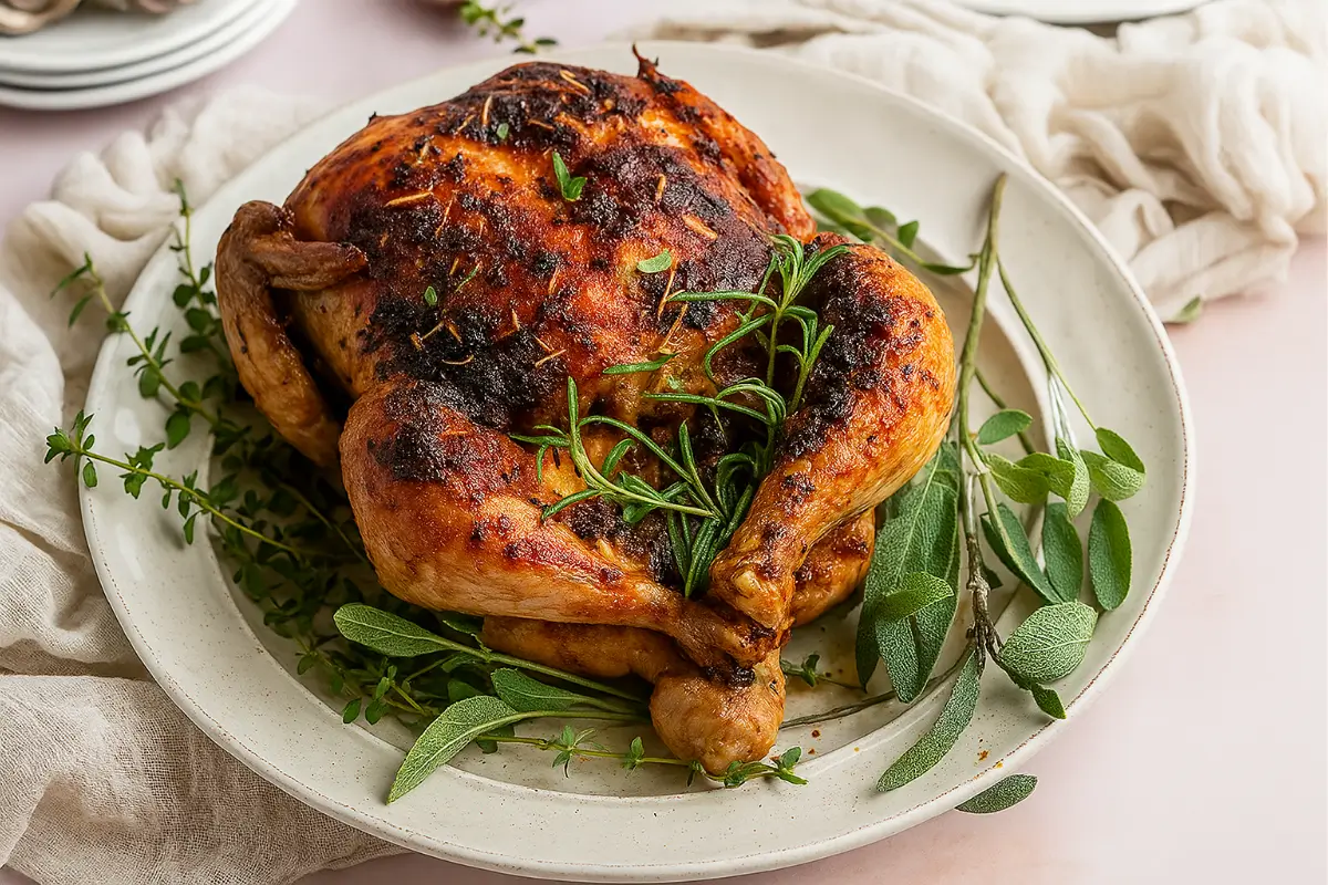 roasted chicken with garlic and herbs in pan