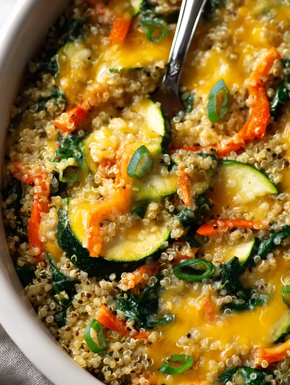 Close-up of a cheesy quinoa casserole baked with zucchini, carrots, spinach, and scallions