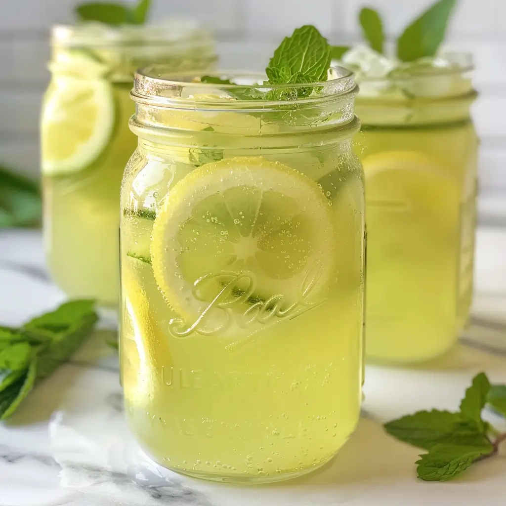 Two mason jars filled with cucumber lemonade, garnished with lemon slices, cucumber rounds, and mint sprigs on a white marble surface.