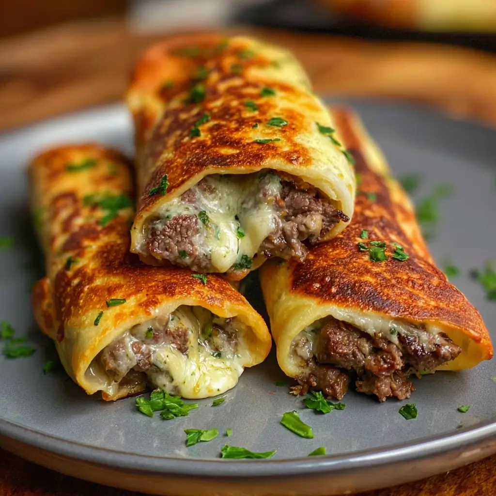 Close-up of Keto Philly Cheesesteak Rolls being served