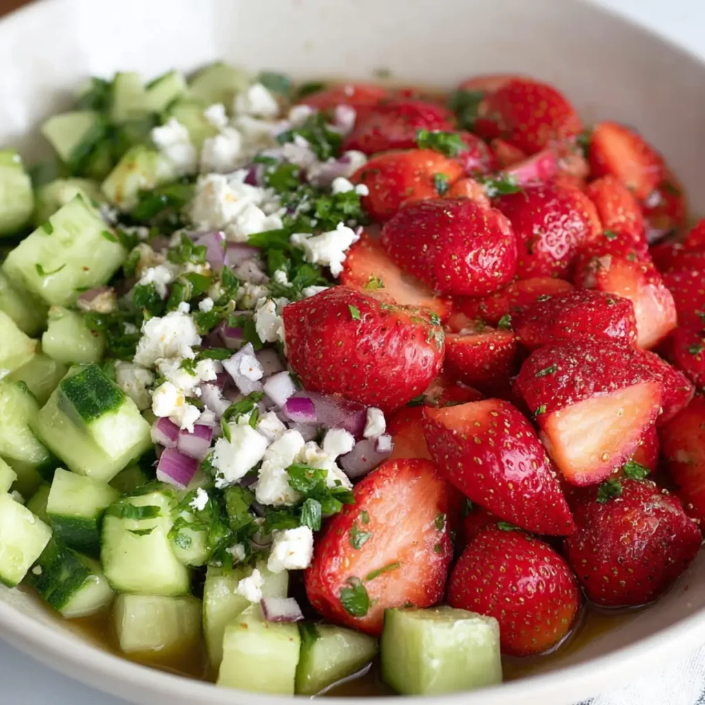 Bowl with chopped cucumbers, strawberries, red onions, feta cheese, and herbs before mixing
