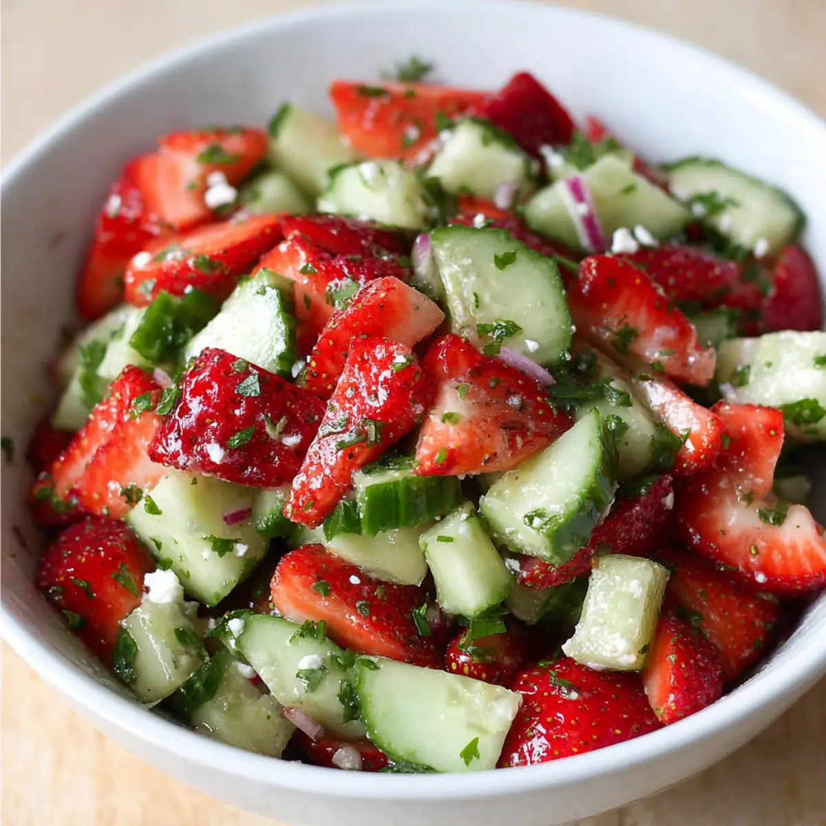 Bowl of cucumber strawberry salad with chopped parsley, red onion, and feta