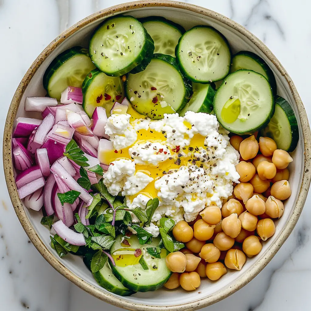 Top-down view of a bowl with cottage cheese, chickpeas, cucumber slices, red onions, and olive oil on a marble background