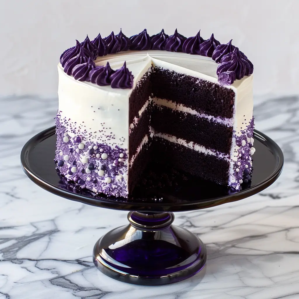 A three-layer purple velvet cake with white cream cheese frosting and dark purple decorations, placed on a black cake stand over a marble surface.