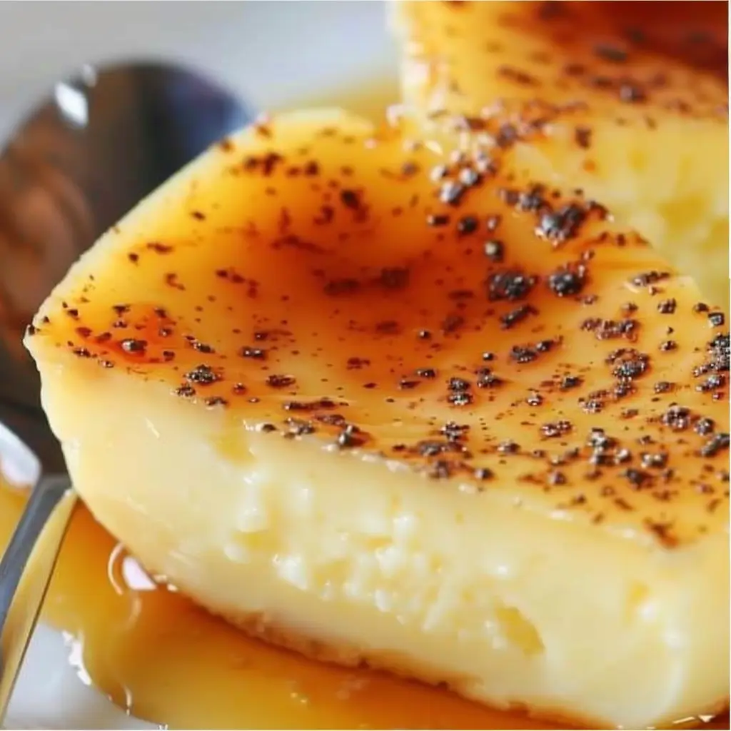 Creamy slice of fail-proof egg custard topped with caramelized sugar and syrup on a plate