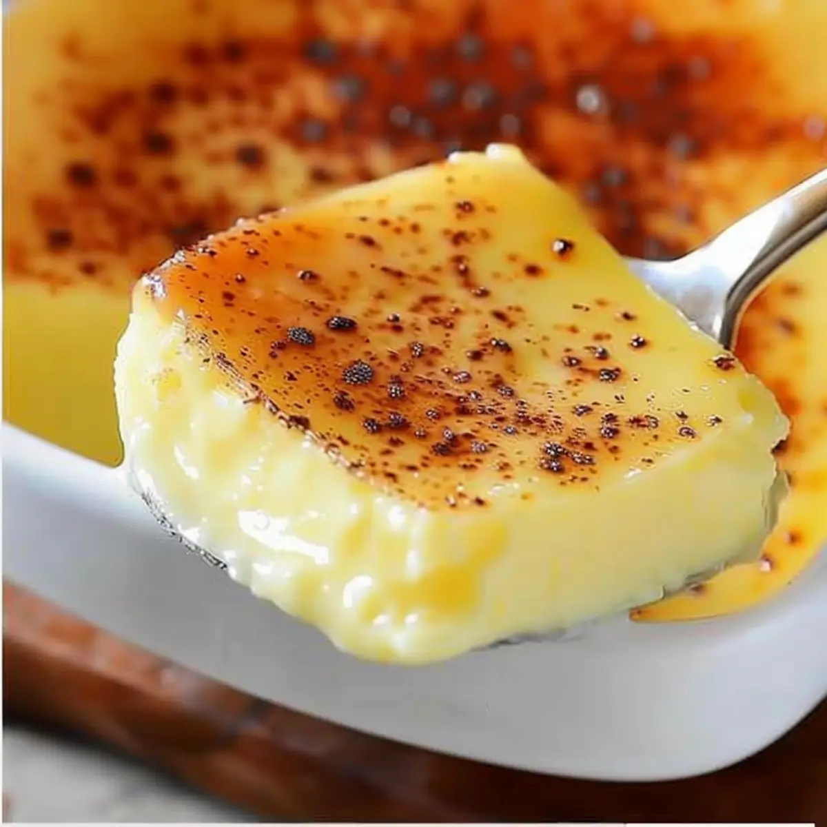 Creamy fail-proof egg custard with a caramelized top layer served on a spoon