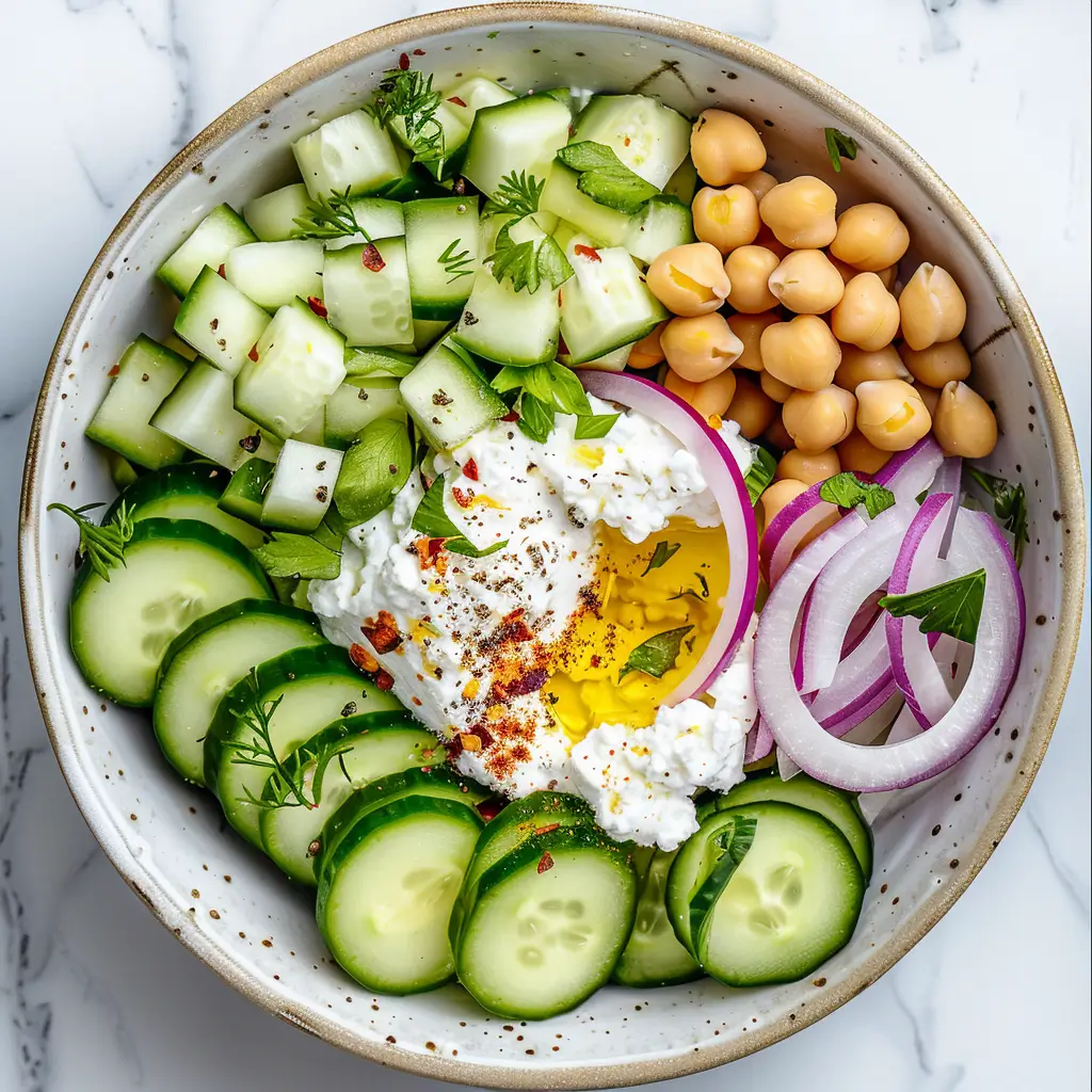 Bowl of cottage cheese and chickpeas salad with sliced cucumber, chopped herbs, red onion, and olive oil on a white marble surface