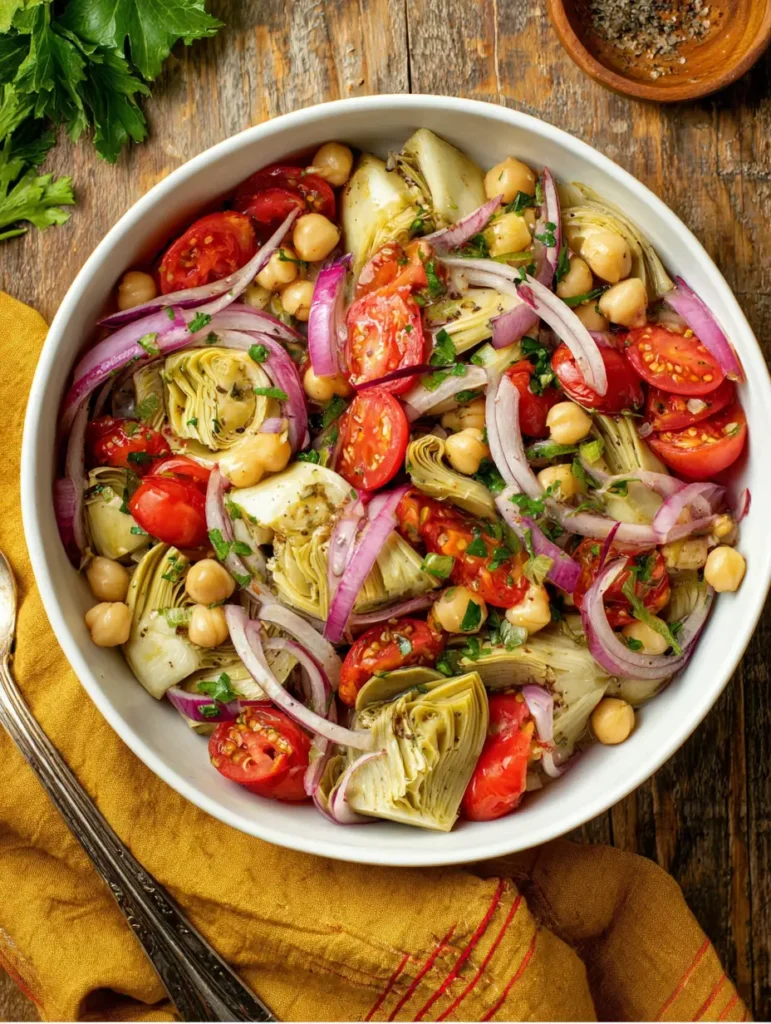 Overhead photo of tomato, artichoke, red onion, and chickpea salad with capers in a white bowl on a rustic wooden table