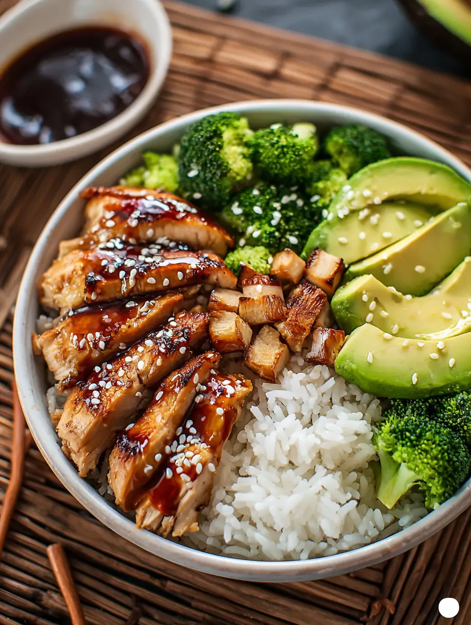 Teriyaki chicken rice bowl with avocado slices, broccoli, and white rice topped with sesame seeds