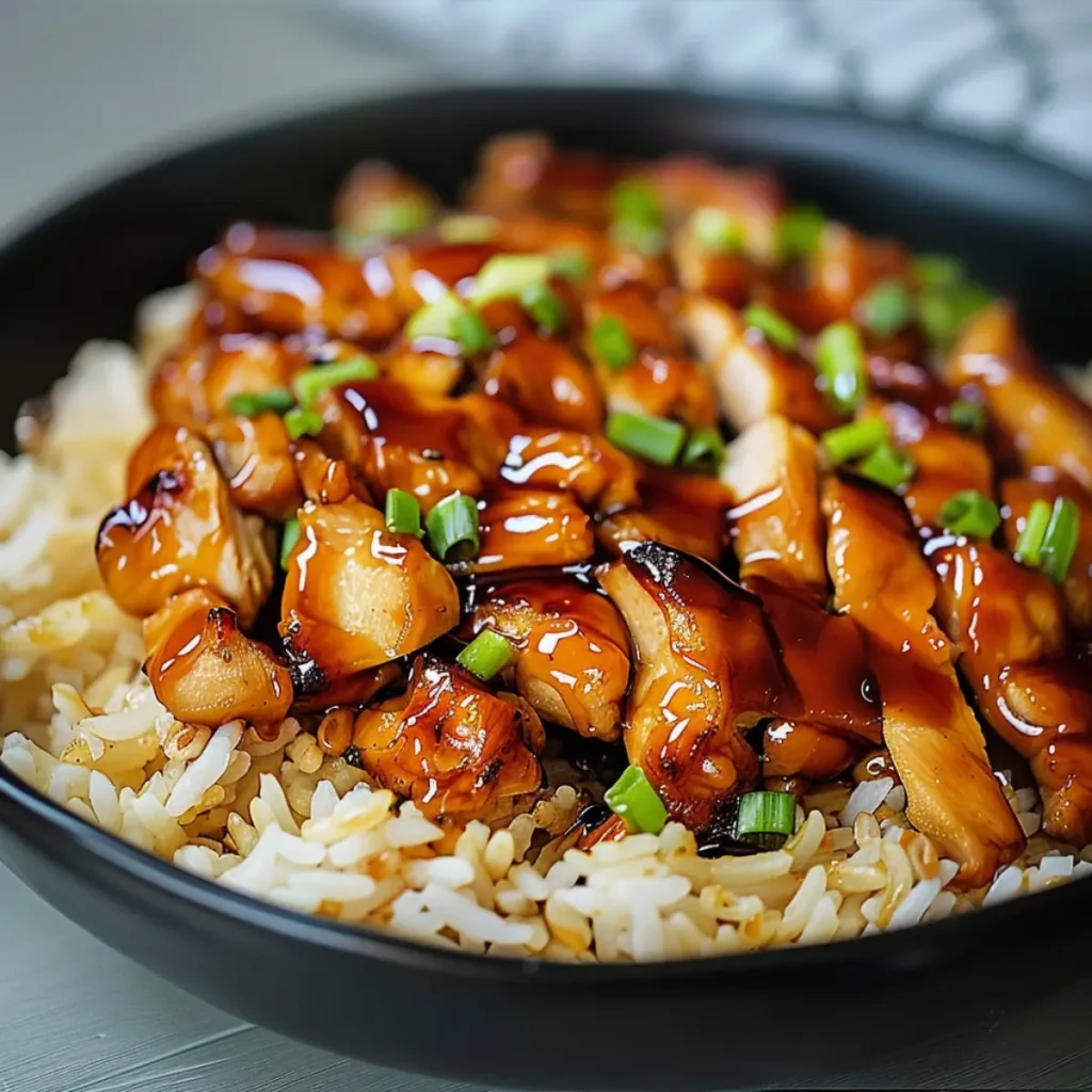 Close-up of honey BBQ chicken served over rice, garnished with chopped green onions in a black bowl