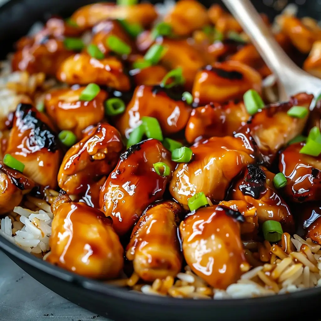 Close-up of glazed honey BBQ chicken chunks over rice, topped with green onions