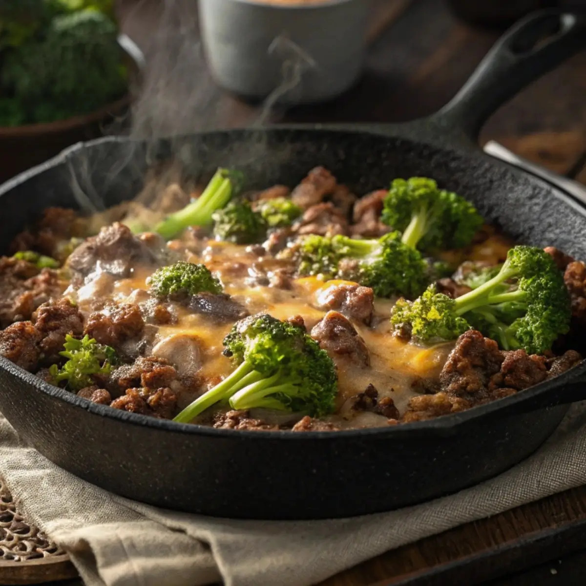 Keto Hamburger Broccoli Skillet with melted cheese in skillet